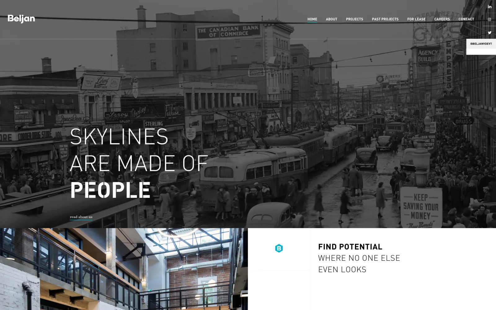 Beljan Development home page hero: an archival black-and-white photograph of a crowded mid-century street of streetcars and shopfronts, captioned “Skylines are made of people”.