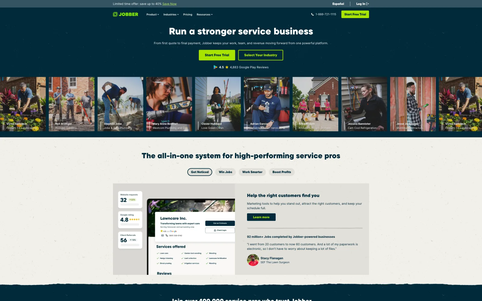 Jobber home page hero: the headline “Run a stronger service business” on a dark teal background, above a row of photographs of tradespeople at work.
